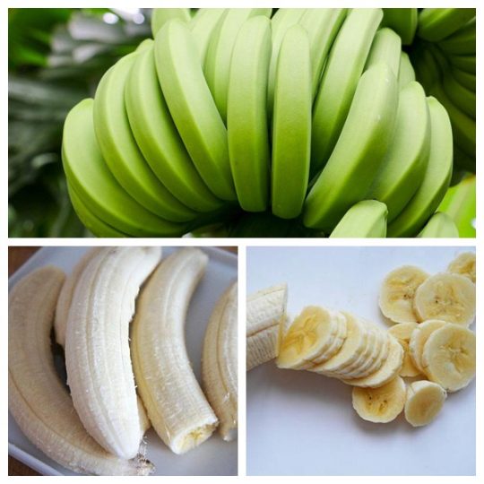 Green banana peeling effect with banana peelers
